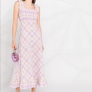 GANNI Ruffle Trim Check Midi Dress Lavender Sz 36